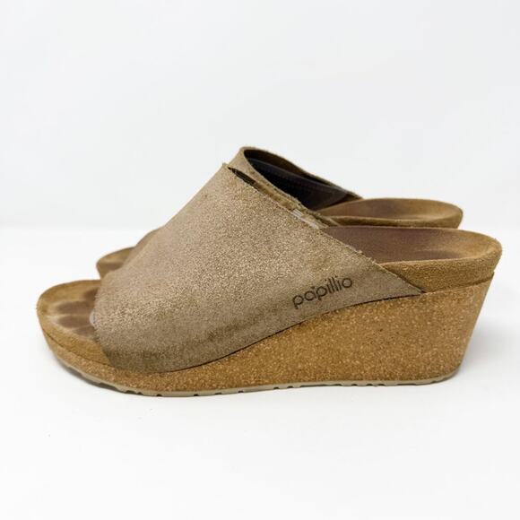 Papillio Tan & Metallic Gold Suede Cork Wedge Sandals Sz EU 41 Made in Portugal - Picture 3 of 9